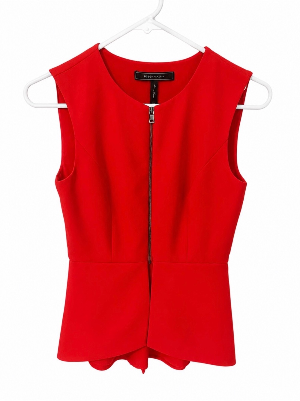 BCBGMaxAzria Red Sleeveless Zip-Front Peplum Top size xxs
